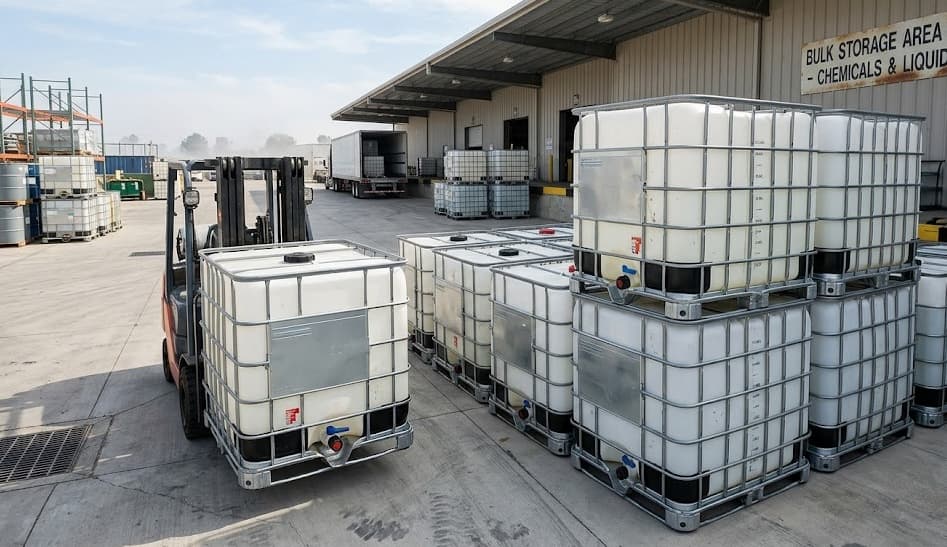 Bulk storage area with IBC totes and forklift