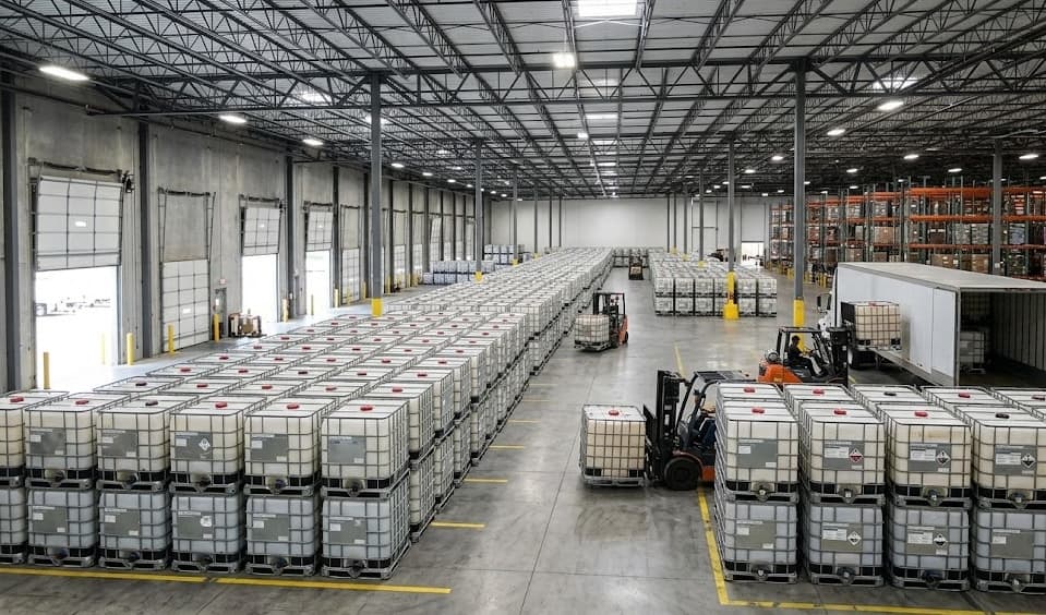 Large warehouse with IBC totes and forklifts