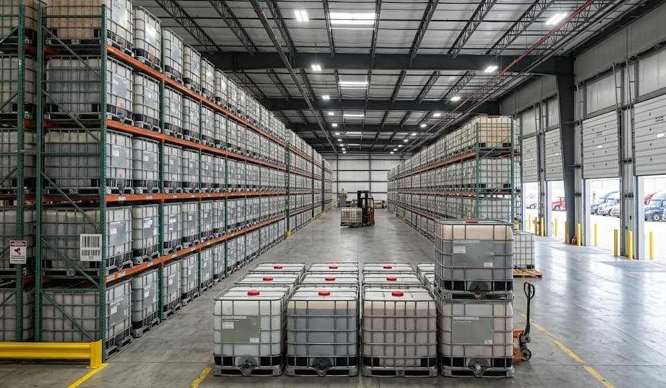 IBC totes organized on warehouse racking